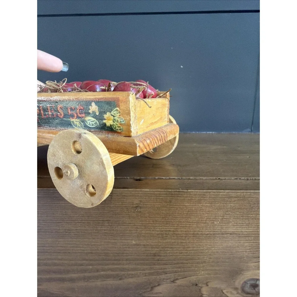 1980s Wooden Apple Wagon Cart Apples 5¢ Farmhouse Kitchen Decor Mini